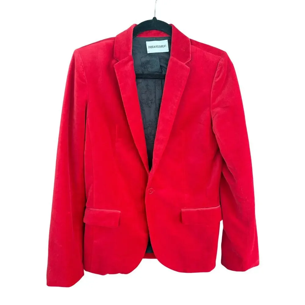 Zadig & Voltaire Vero Red Velvet Blazer Jacket 8 US 38 FR Academia Old Money